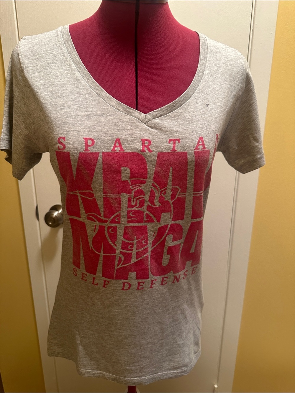 Spartan Krav Maga V-Neck Self Defense Tee in Heather Gray with Red Print
